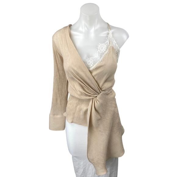 NEW Zara Beige Tan Asymmetrical Cami V Neck Lace One Shoulder Blouse Top Size S - Picture 2 of 7
